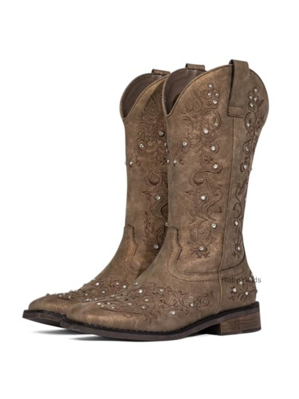 Western Cowgirl Boots Faux Leather Rhinestone Embellished Square Toe Mid-Calf